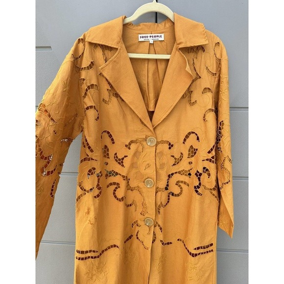 Free People Susanna Cutwork Embroidered Lace Longline Duster Jacket Pumpkin XS - Picture 4 of 15